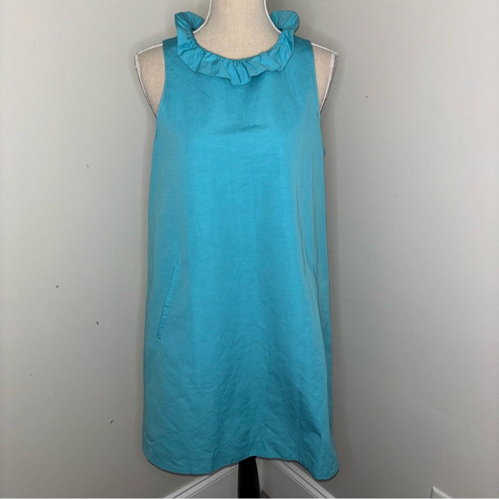 Tyler Boe NEW aqua blue ruffle neck sleeveless linen blend dress size Medium